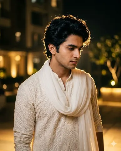Young Man in Lucknowi Kurta at Night - Stable Diffusion copy paste AI prompt example for cinematic, night