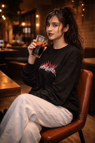 Young Woman Drinking in Modern Restaurant - AI copy paste AI prompt example for cinematic, fashion