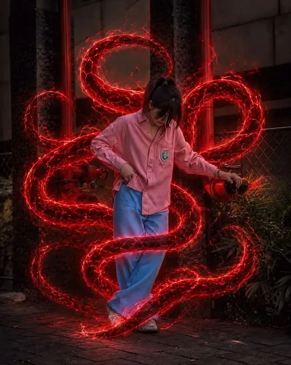 Young Woman in Industrial Alley with Glowing Energy - AI copy paste AI prompt example for dark, cinematic