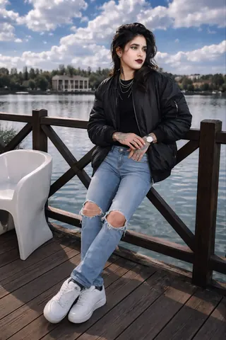 Young Woman on Lakeside Deck in Bomber Jacket - AI copy paste AI prompt example for cinematic, fashion