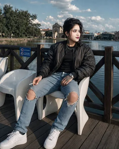 Young Woman on Lakeside Deck with Cigarette - Stable Diffusion copy paste AI prompt example for cinematic, hair