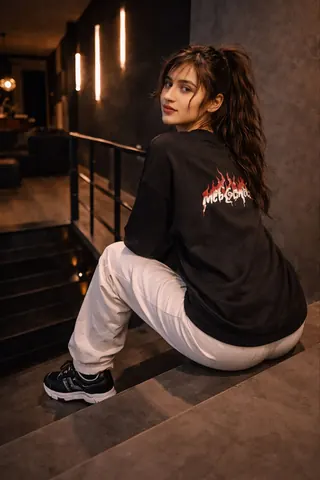 Young Woman on Stairs in Modern Apartment - AI copy paste AI prompt example for portrait, cinematic
