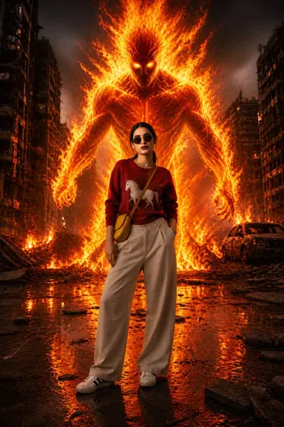Young Woman with Fiery Humanoid Entity - Stable Diffusion copy paste AI prompt example for cinematic, realistic