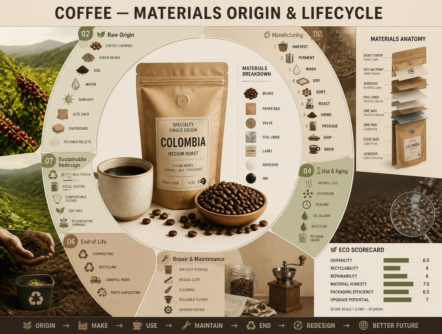 { "Title": "Coffee Materials Origin & Lifecycle" AI Photo Prompt generated preview