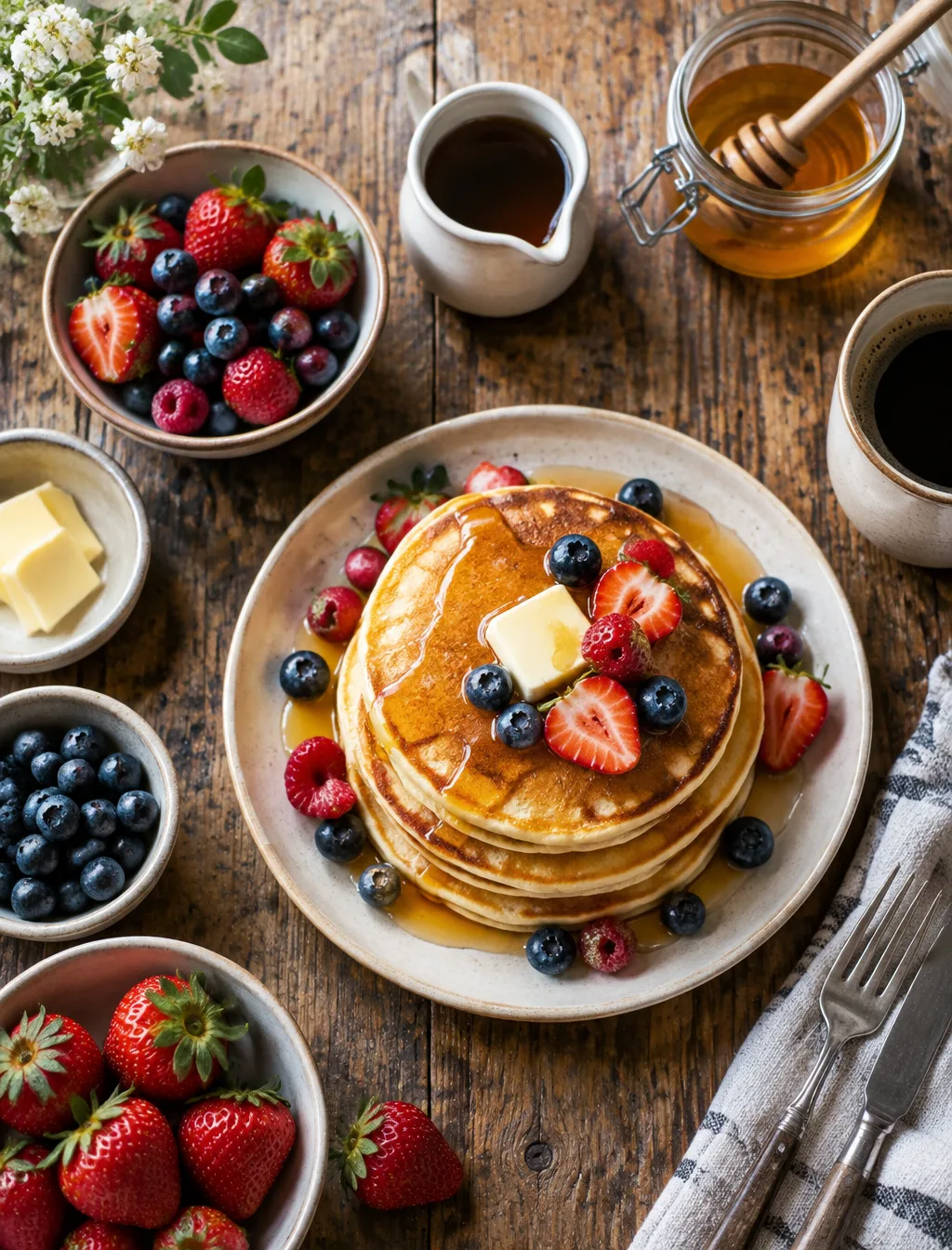 "Top-Down Shot Of A Rustic Breakfast Spread Pancakes AI Photo Prompt generated preview