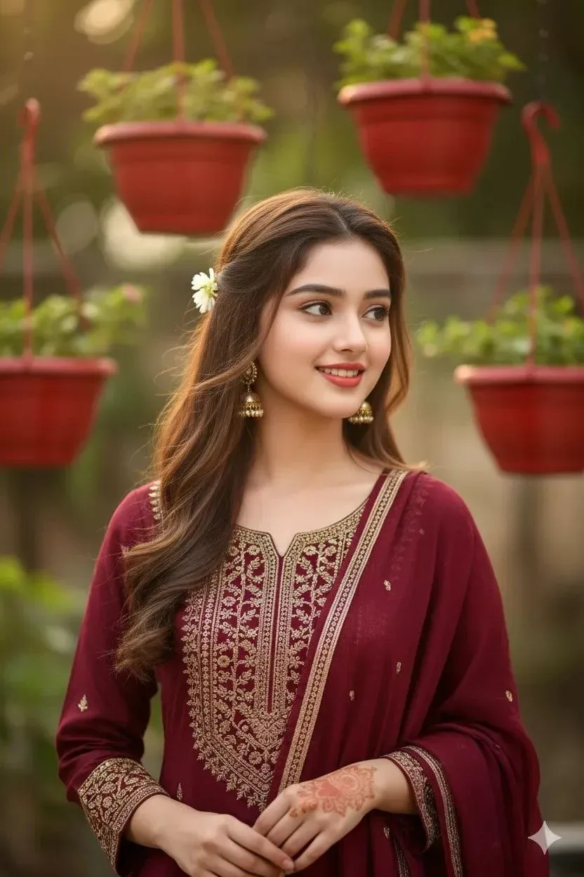 Traditional Maroon Shalwar Kameez Portrait AI Photo Prompt preview example result