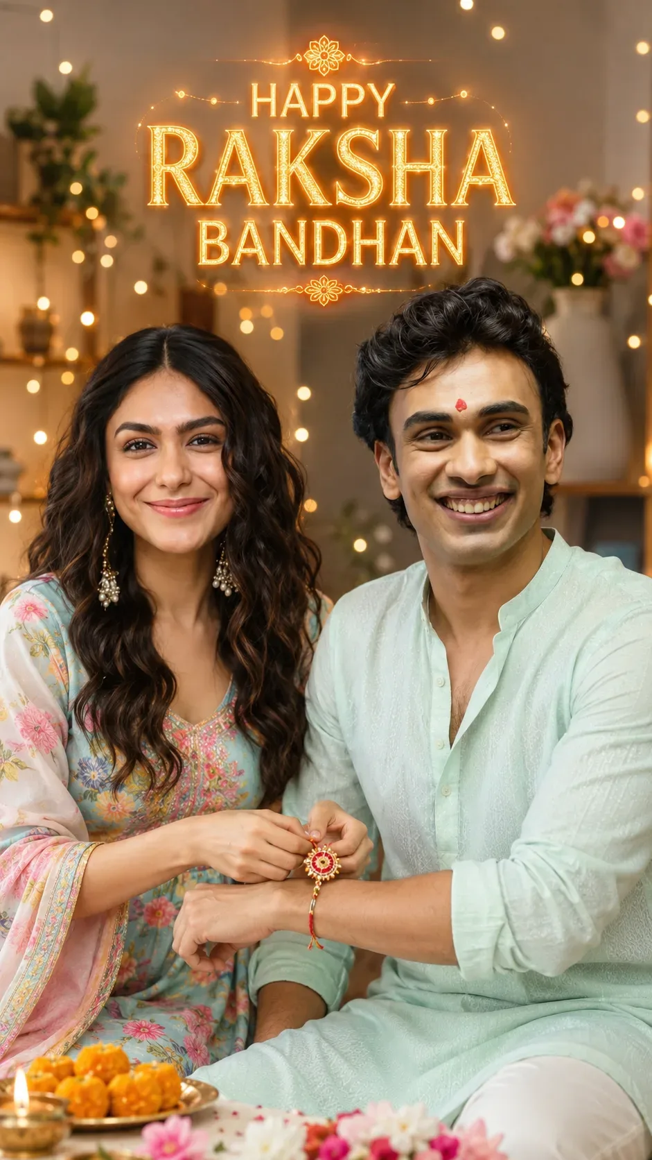 Trending Modern Raksha Bandhan Status Joyful Sibling Portrait & Strict Face Lock (requires 2 Photos) AI Photo Prompt preview example result