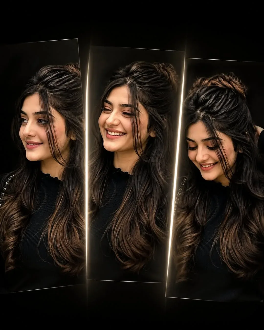 Triptych Portrait Of A Smiling Woman With A Half-up Messy Bun Hairstyle And Golden Highlights AI Photo Prompt preview example result