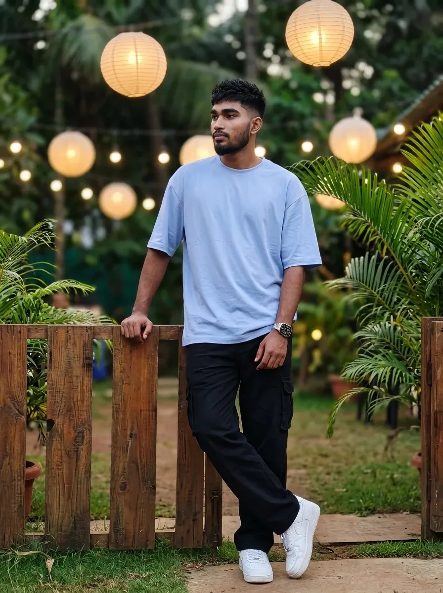 Tropical Outdoor Cafe Male Full-body Portrait Leaning On Rustic Wooden Fence AI Photo Prompt preview example result