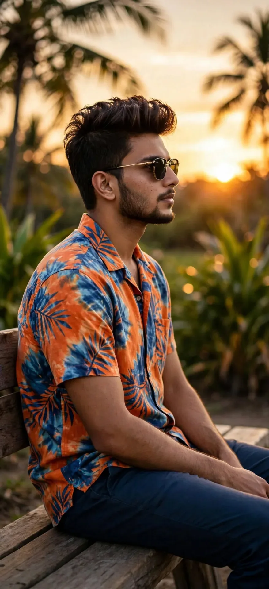 Tropical Sunset Portrait Stylish Man With Hawaiian Shirt AI Photo Prompt preview example result
