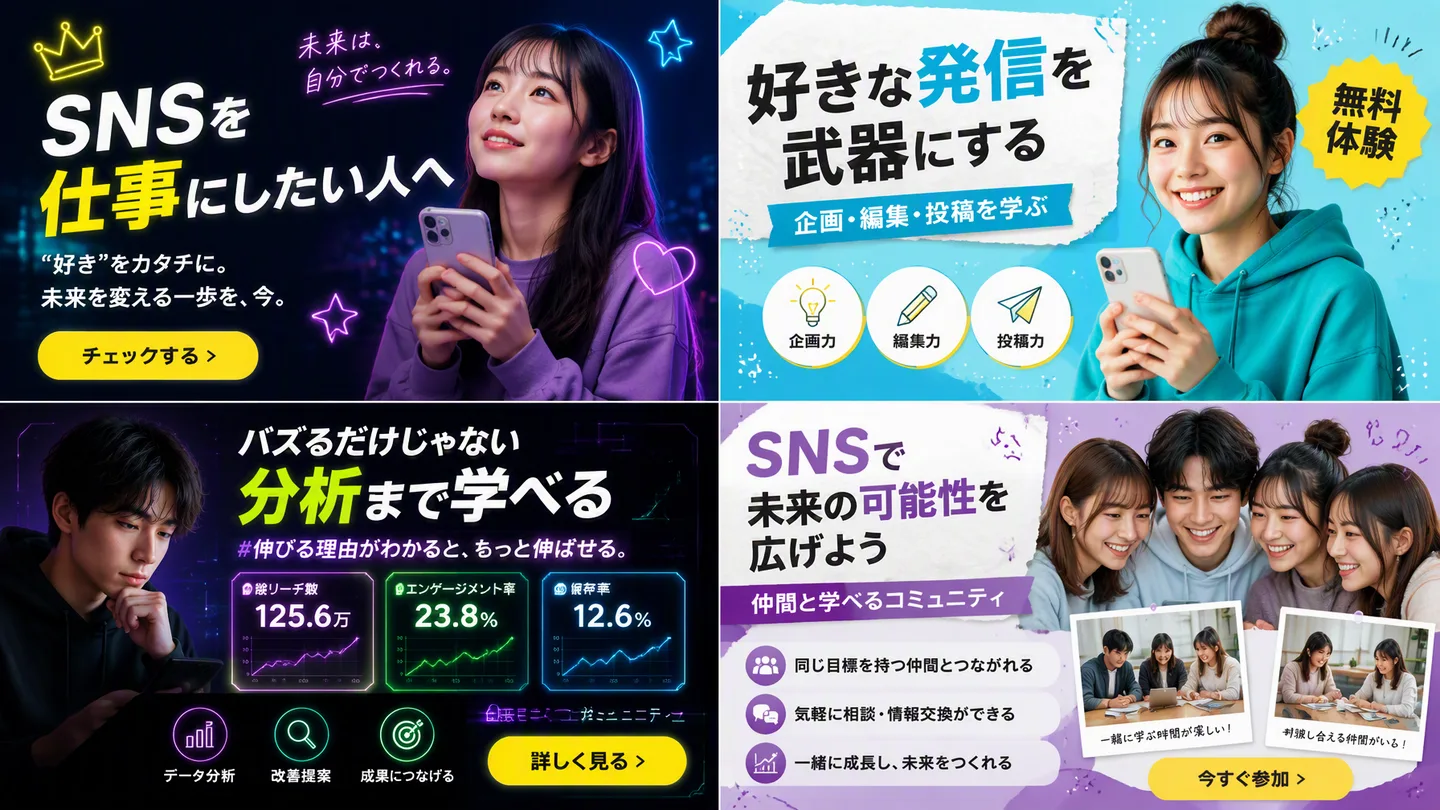 { "Type": "2X2 Grid Of Banner Advertisements" AI Photo Prompt generated preview