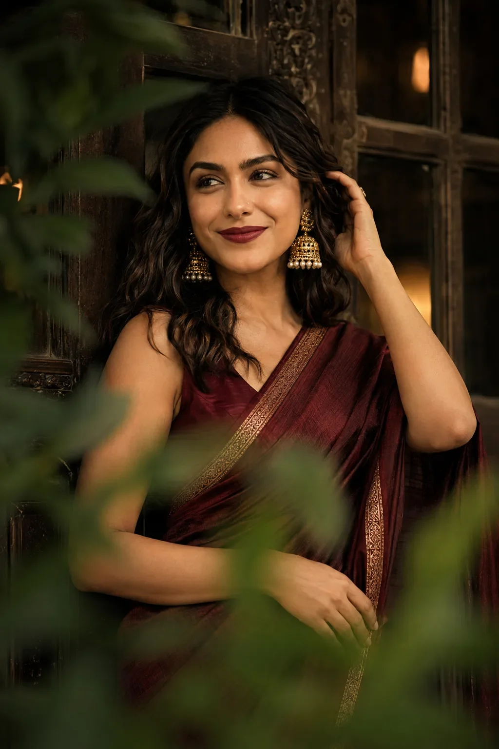 Ultimate Face-lock: Cinematic Maroon Saree Portrait AI Photo Prompt preview example result