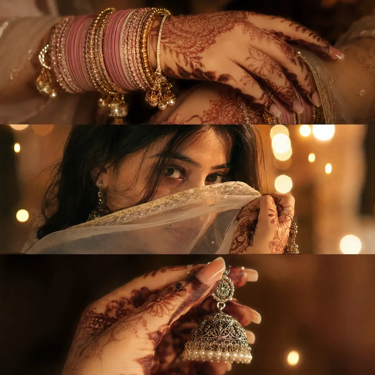 Ultra HD Cinematic 3-frame Vertical Collage Of A Young Indian Women AI Photo Prompt preview example result