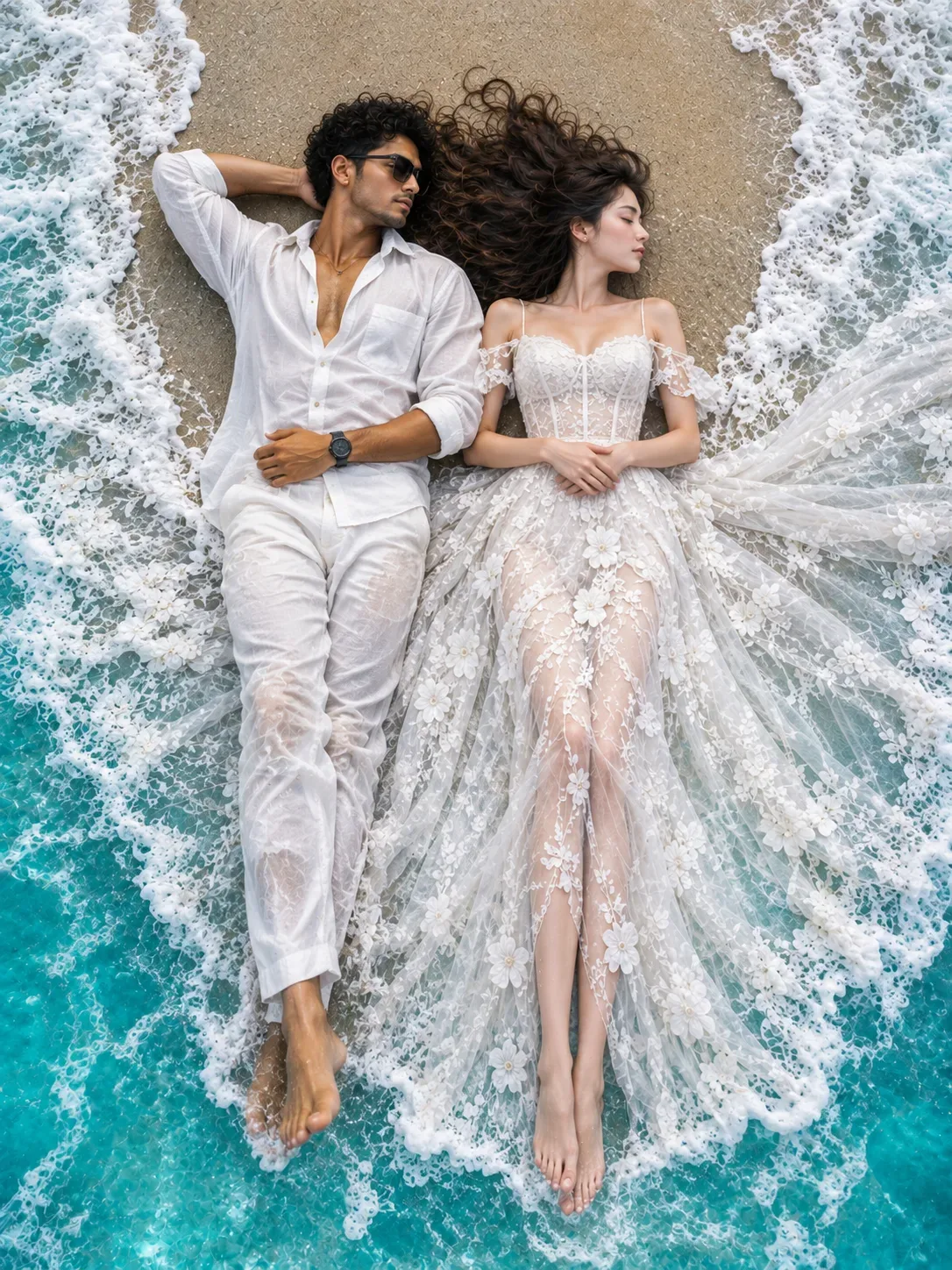 Ultra Realistic Aerial Beach Couple Portrait Top-down Drone View AI Photo Prompt preview example result
