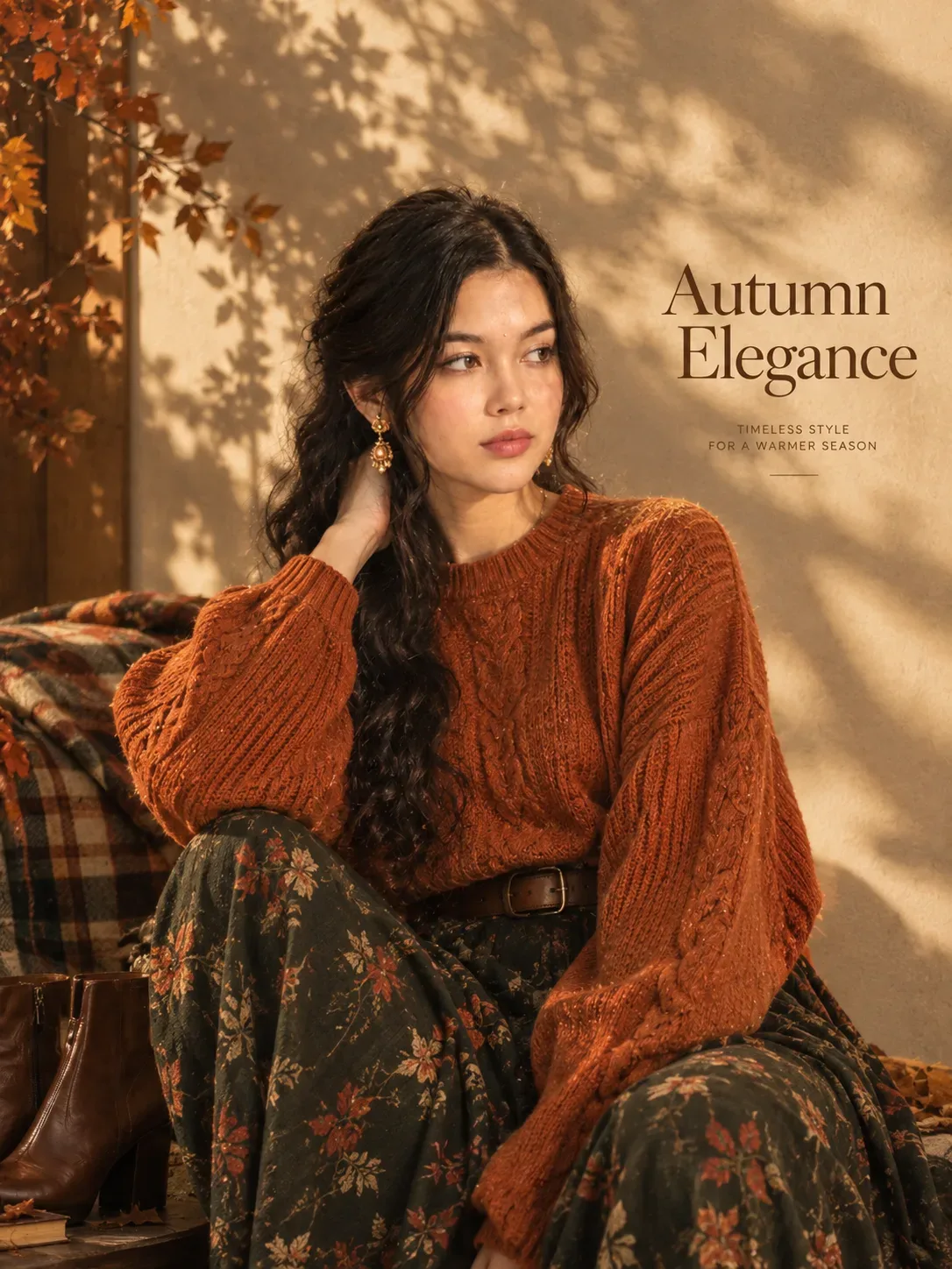 Ultra Realistic Autumn Fashion Editorial Poster Featuring A Beautiful East Asian Woman AI Photo Prompt preview example result