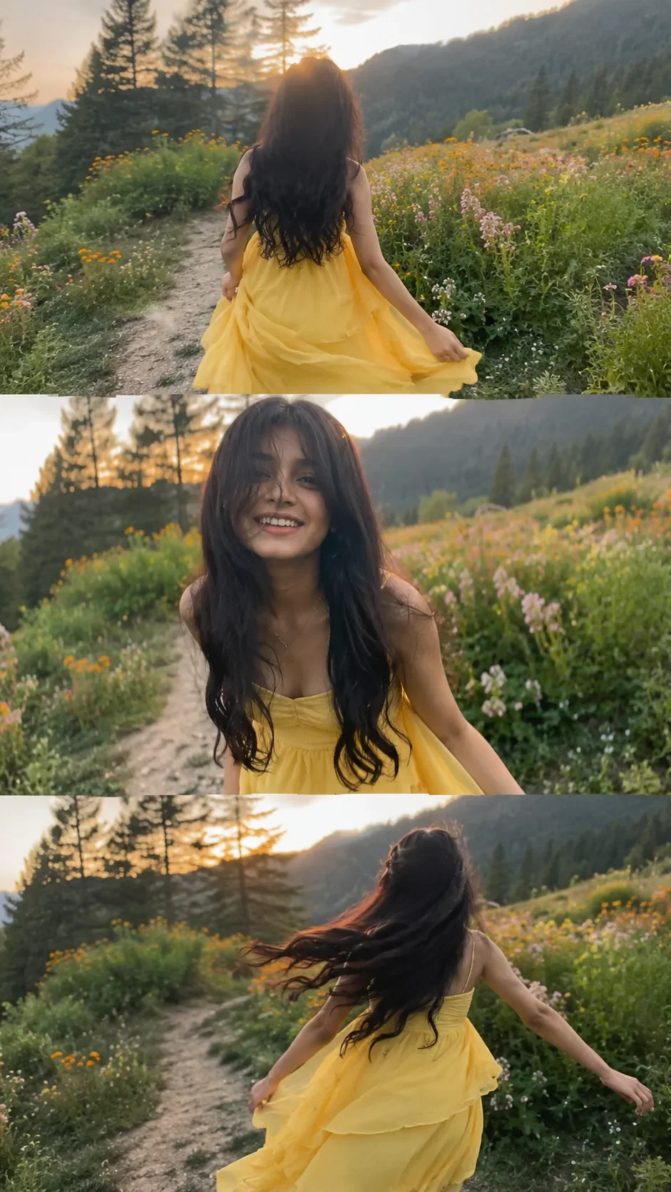 Ultra-realistic Candid Portrait Of An Indian Girl In A Dreamy Flower Meadow On A Mountain Hillside During Golden Hour, AI Photo Prompt preview example result