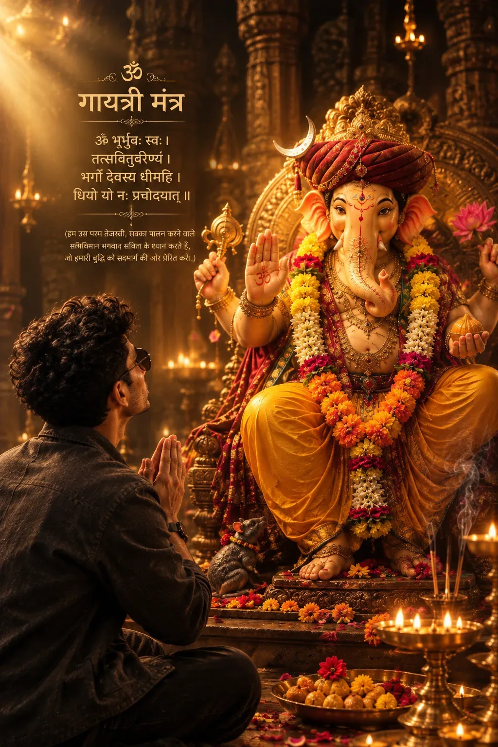 Ultra Realistic Cinematic Devotional Portrait Of Lord Ganesha Seated Majestically AI Photo Prompt preview example result