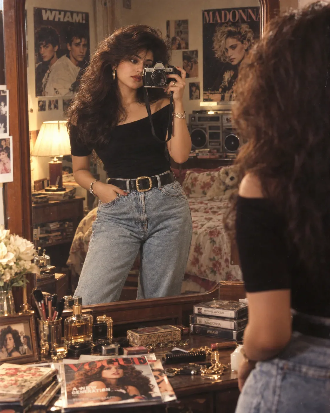 Ultra Realistic Cinematic Late 1980s Fashion Editorial Portrait AI Photo Prompt preview example result