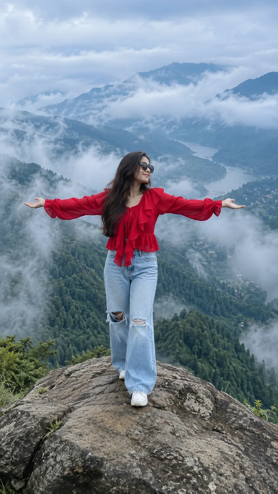 Ultra Realistic Cinematic Mountain View Portrait Of A Young Girl AI Photo Prompt preview example result
