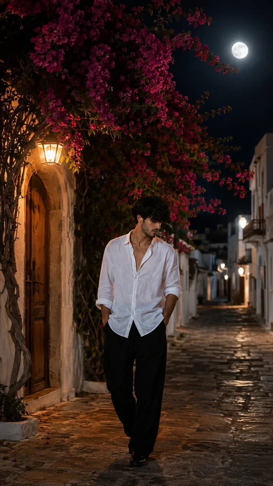 Ultra-realistic cinematic night portrait of a young South Asian man standing on a quiet Mediterranean-style preview example result