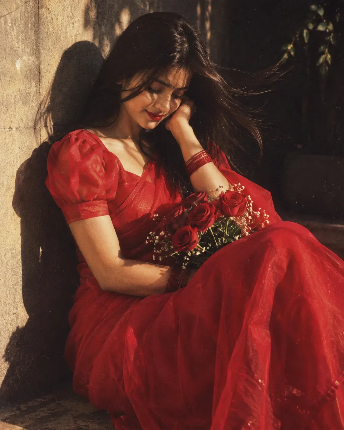 Ultra Realistic Cinematic Portrait Of A Young Girl Wearing Red Gown AI Photo Prompt preview example result