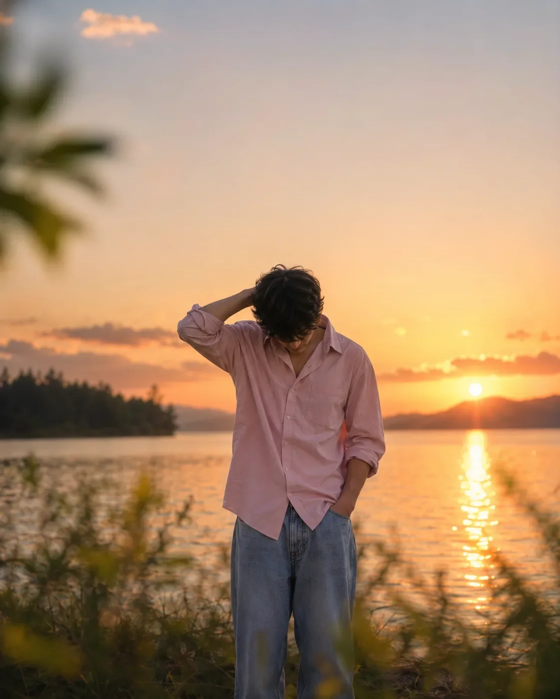 Ultra-realistic cinematic portrait of a young South Asian man standing by a peaceful lakeside at sunset preview example result