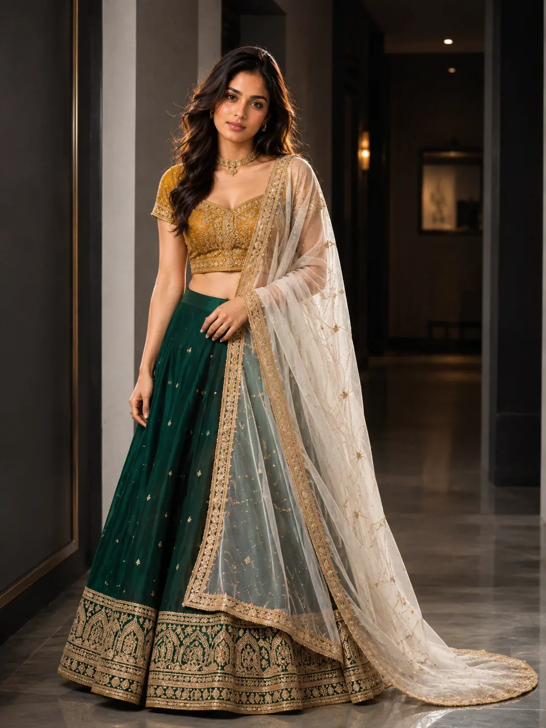 Ultra-realistic Cinematic Portrait Of Young South Asian Woman In Teal Lehenga AI Photo Prompt Edition 2 preview example result