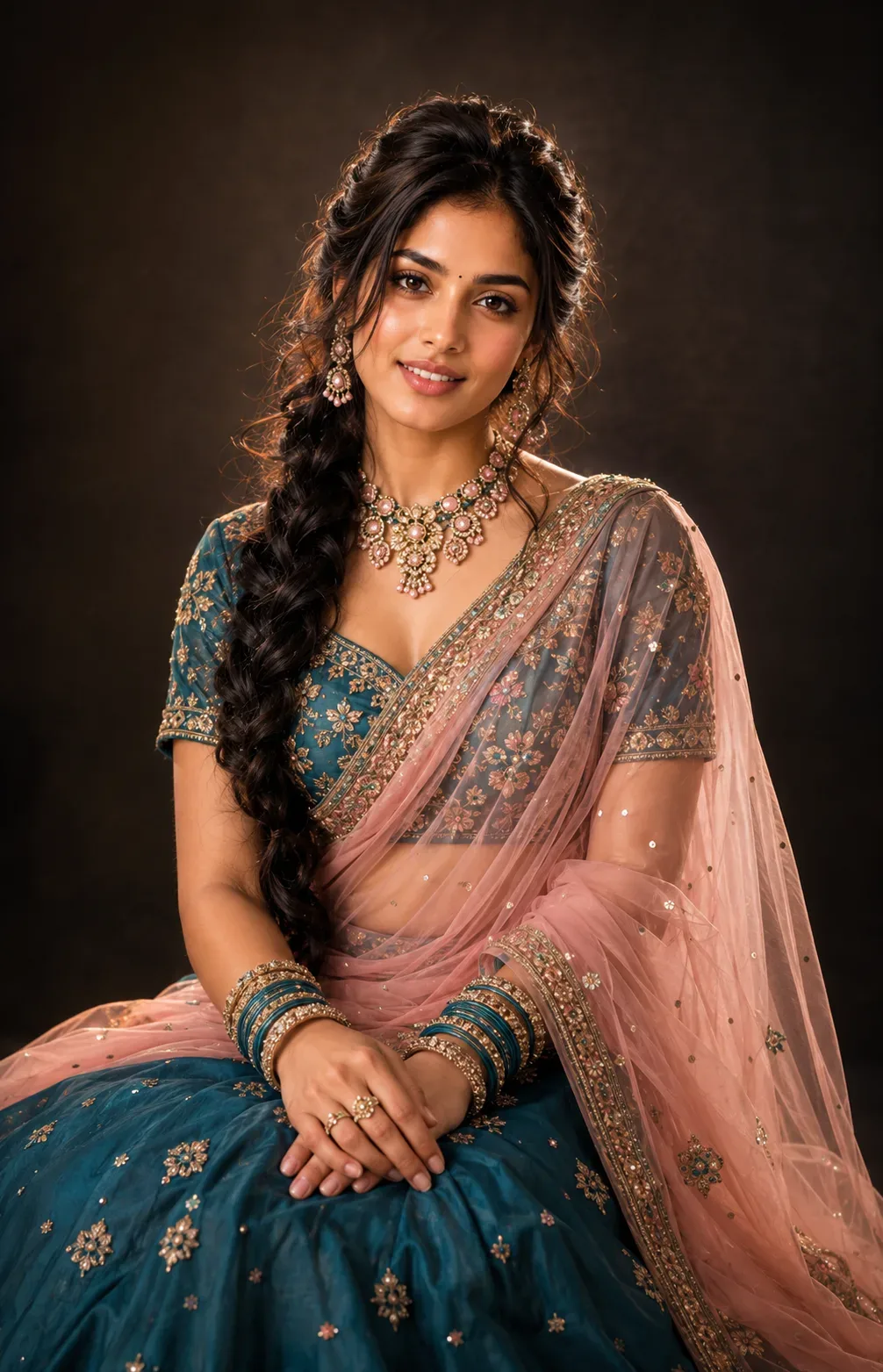 Ultra-realistic Cinematic Portrait Of Young South Asian Woman In Teal Lehenga AI Photo Prompt preview example result