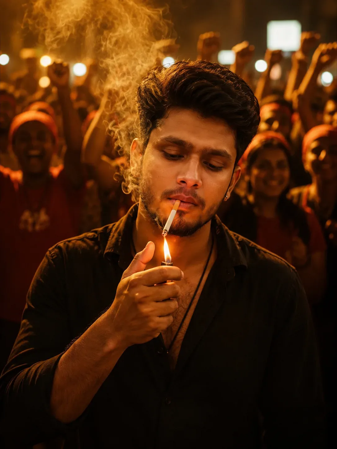 Ultra-realistic Cinematic Smoky Night Portrait AI Photo Prompt preview example result