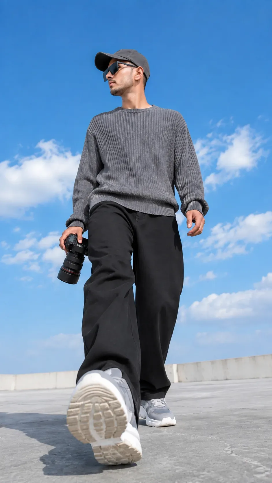 Ultra-realistic Low-angle Streetwear Walking Portrait (grey Knit Sweater + Black Wide Trousers + Camera) AI Photo Prompt preview example result