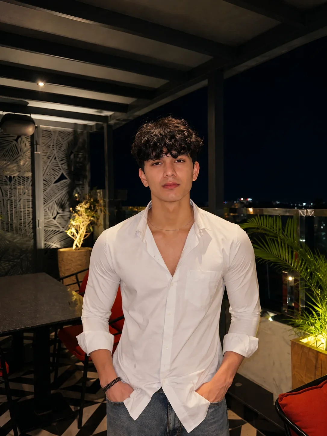 Ultra-realistic Luxury Rooftop Night Editorial Portrait. AI Photo Prompt preview example result