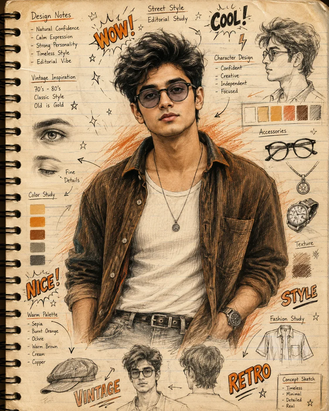Ultra-Realistic Sketchbook Portrait AI Prompt | Vintage Mixed-Media Editorial Illustration with Perfect Identity Preserv preview example result