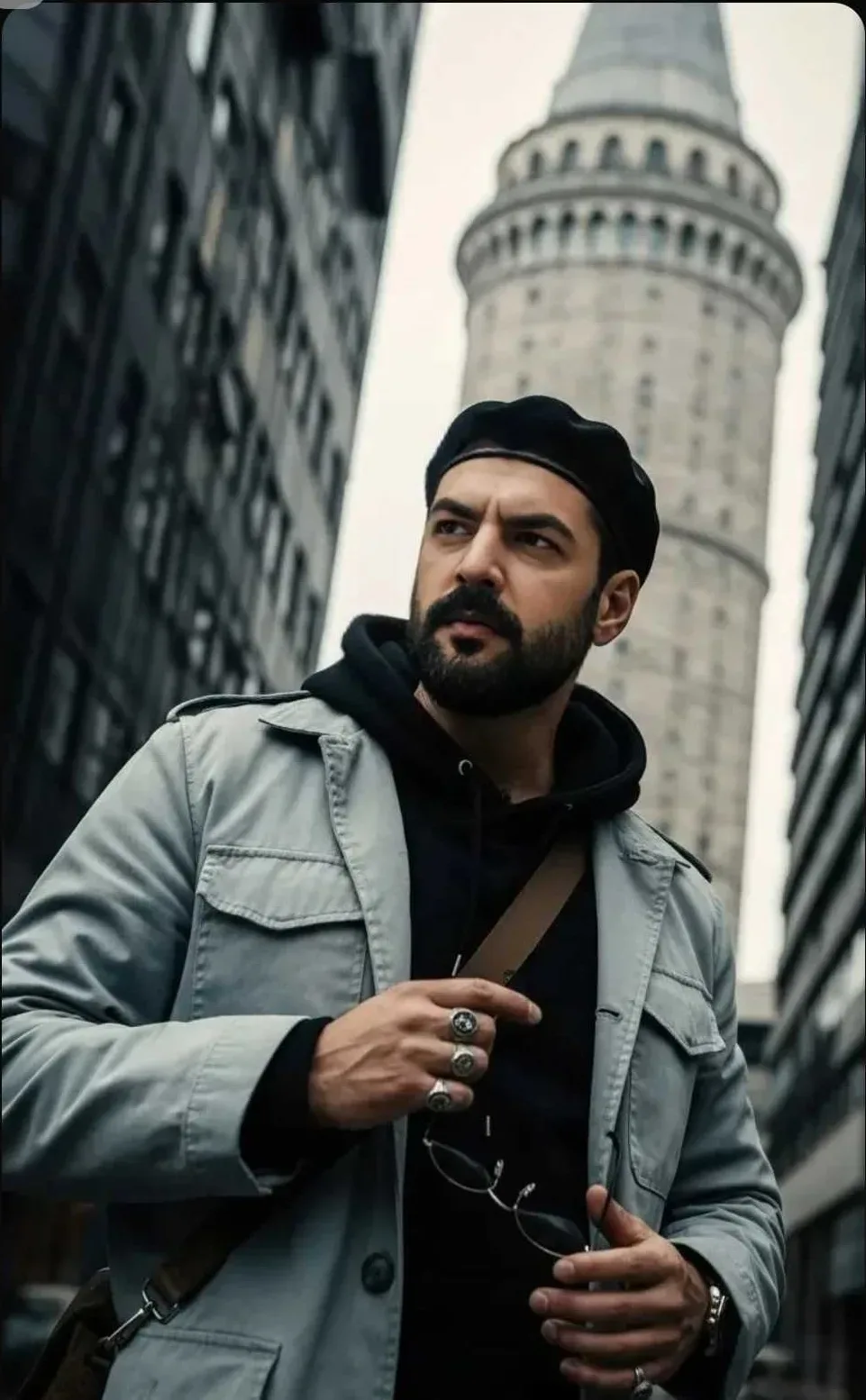 Urban Beret Look Bearded Man With Tower Background AI Photo Prompt preview example result