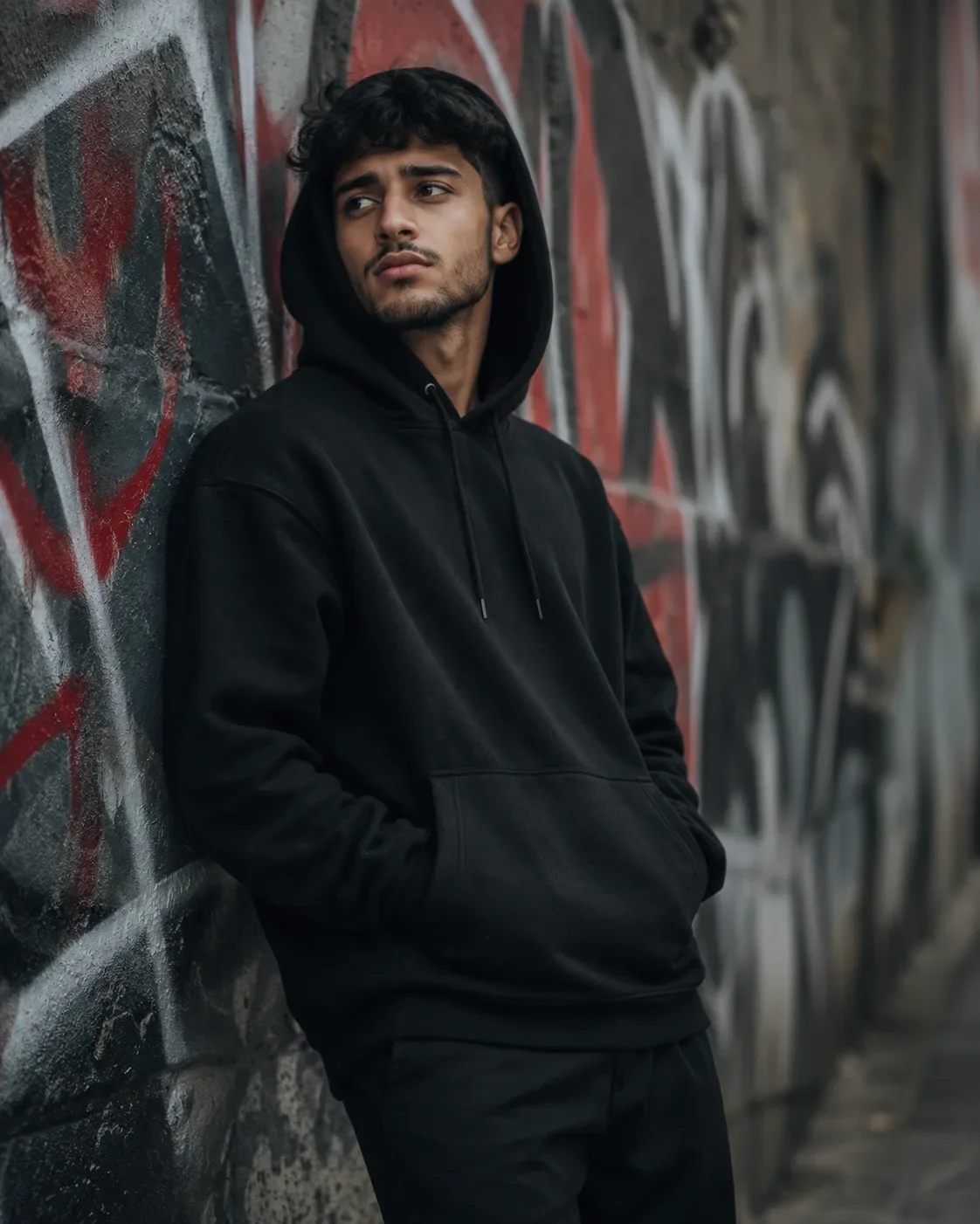 Urban Graffiti Streetwear Portrait AI Prompt | Cinematic Hoodie Editorial Photography preview example result