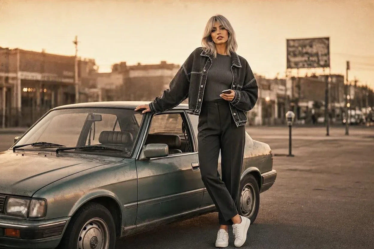 Urban Nostalgia: Modern Oversized Streetwear By A 1990s Retro Sedan AI Photo Prompt preview example result