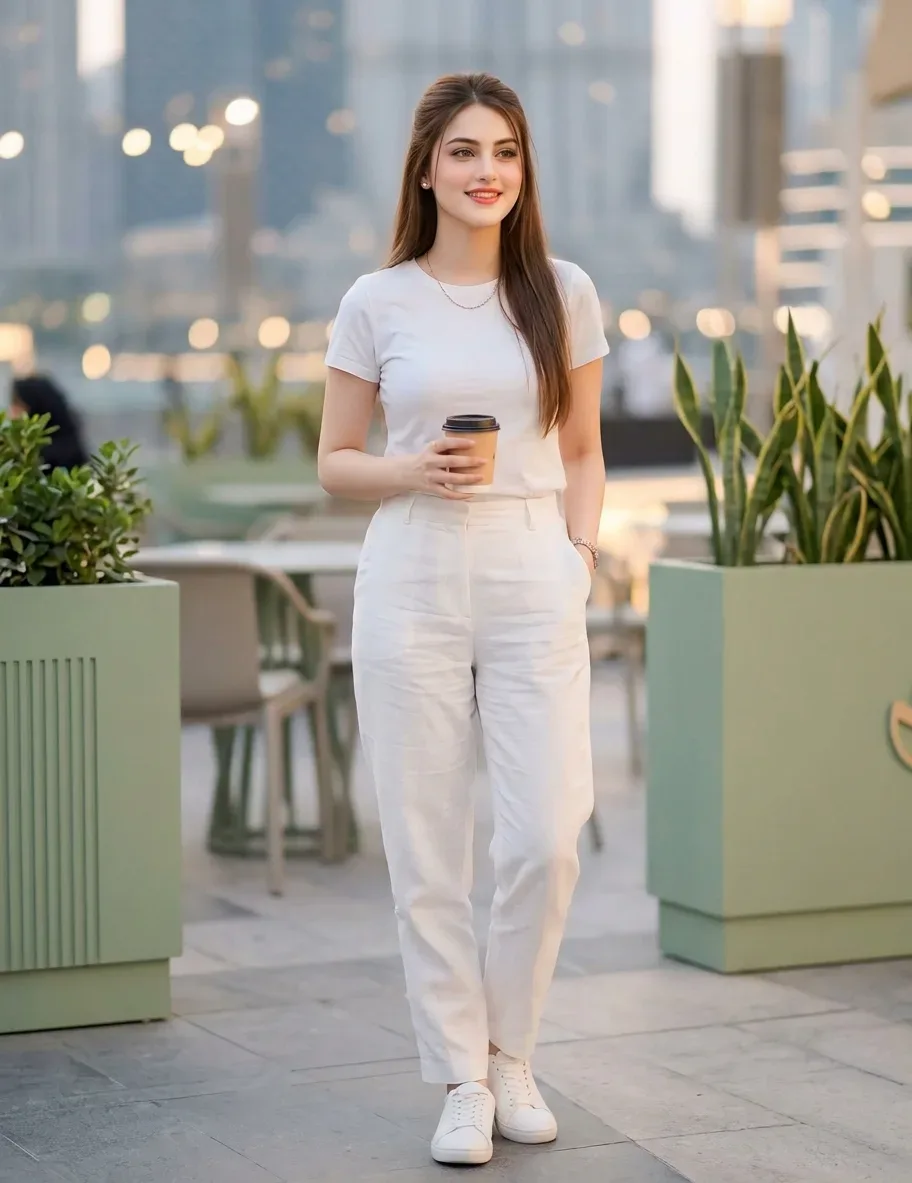 Urban Oasis White Outfit AI Photo Prompt preview example result