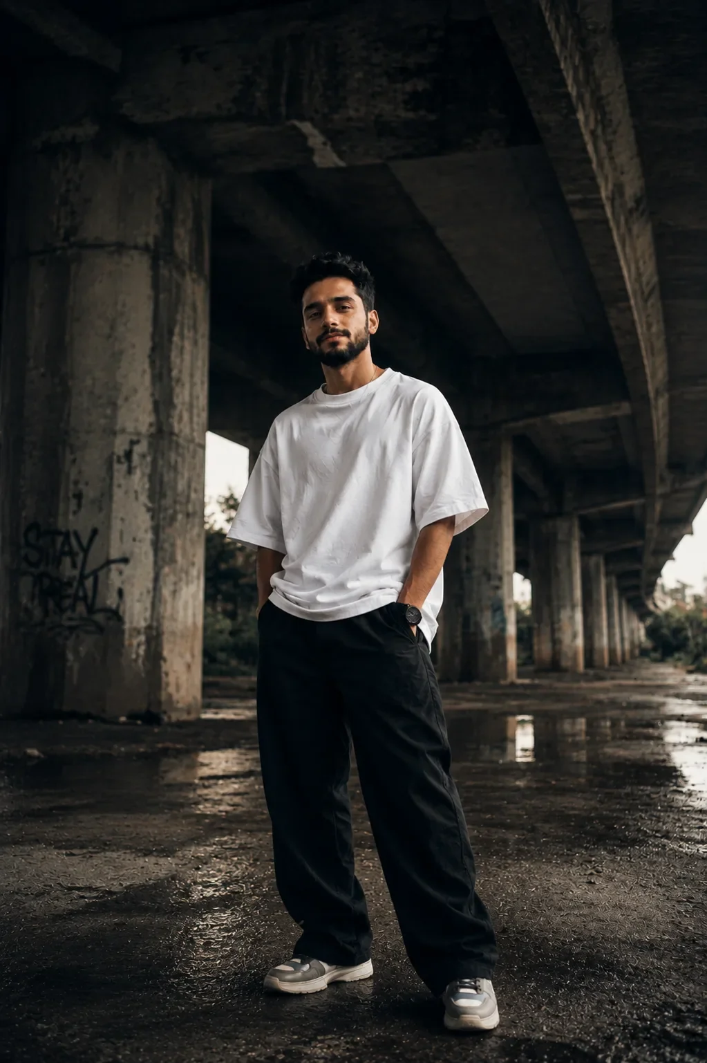 Urban Overpass Portrait AI Prompt | Moody Fuji Classic Chrome Cinematic Photography preview example result