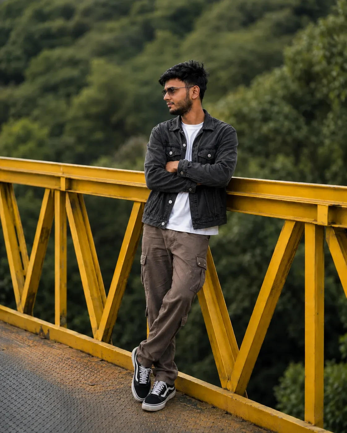 Urban Yellow Bridge Portrait Casual Dark Look AI Photo Prompt preview example result