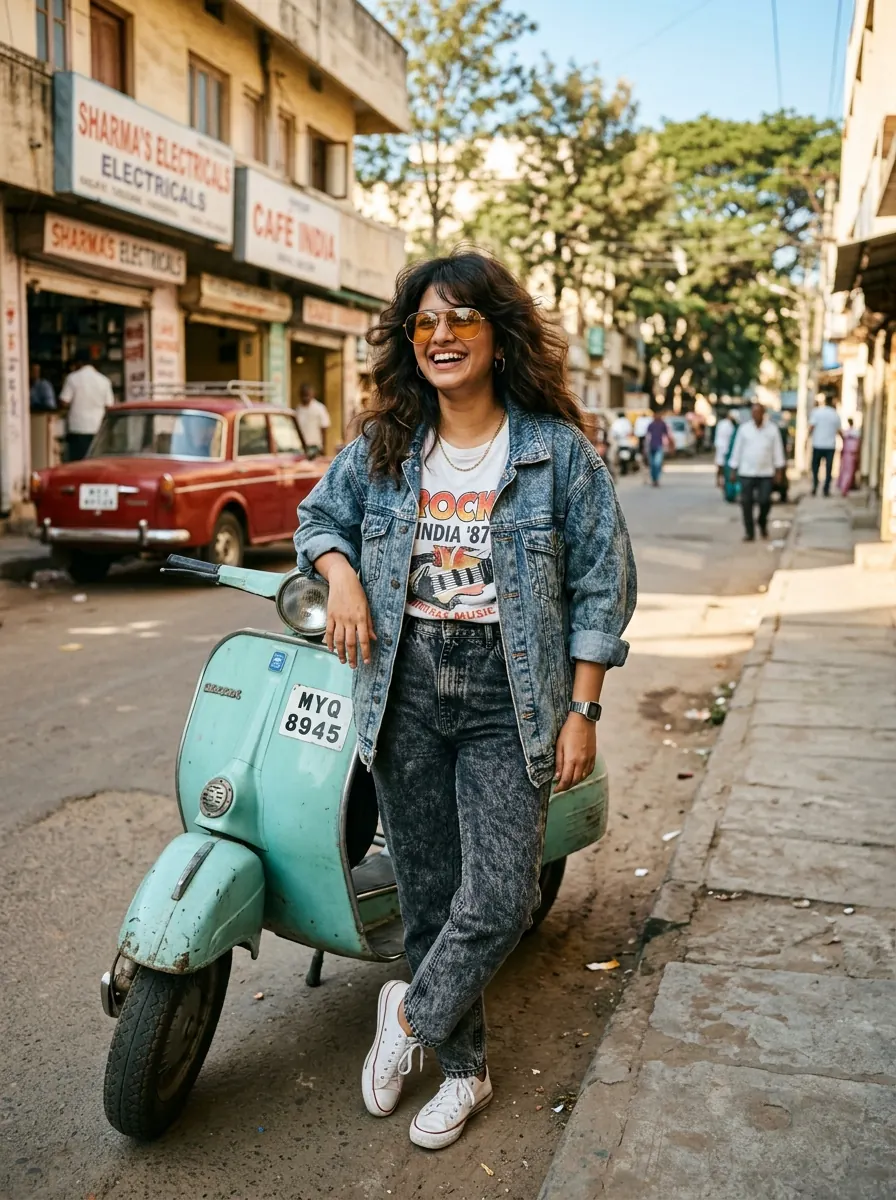 1980s Vintage Denim Scooter Girl AI Photoshoot Prompt - copy paste viral AI prompt