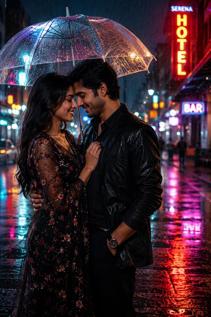 Cinematic Couple Under Neon Rain - copy paste viral AI prompt