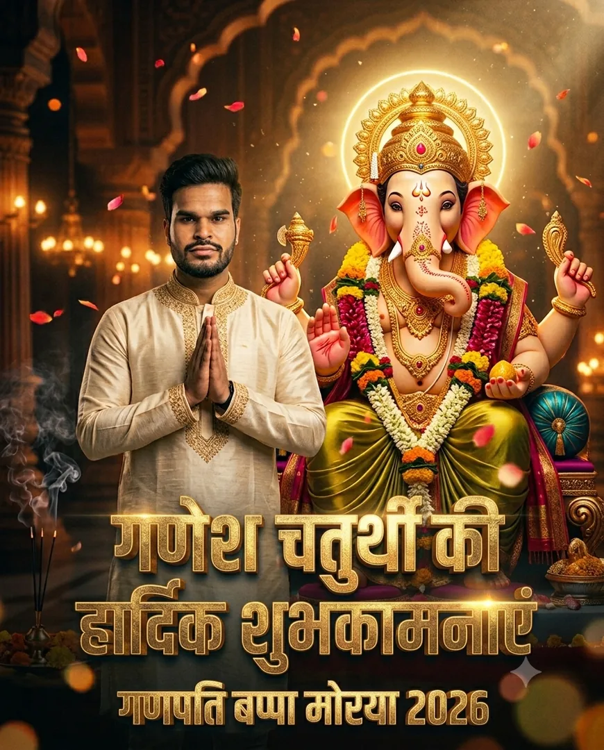 Cinematic Ganesha Chaturthi 2026 Poster with Golden 3D Text - copy paste viral AI prompt