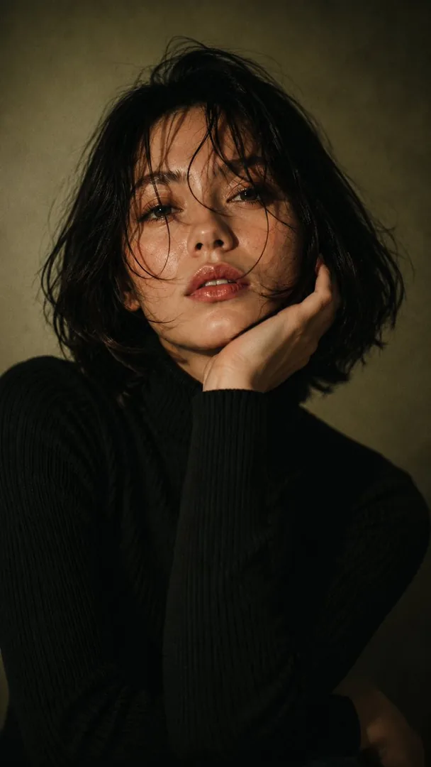 Cinematic Messy Bob Hair Female Editorial Portrait - copy paste viral AI prompt preview