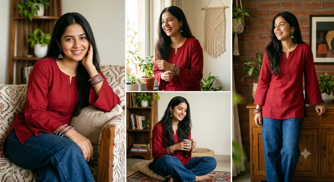 Crimson Serenity 4-Panel Ethnic Casual Portrait - copy paste viral AI prompt