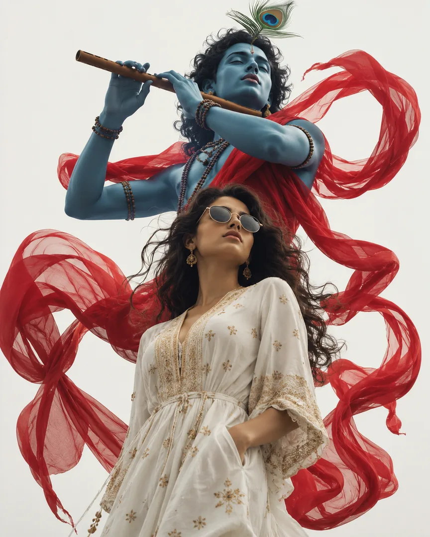 The girl in stylish look behind the krishna - copy paste viral AI prompt