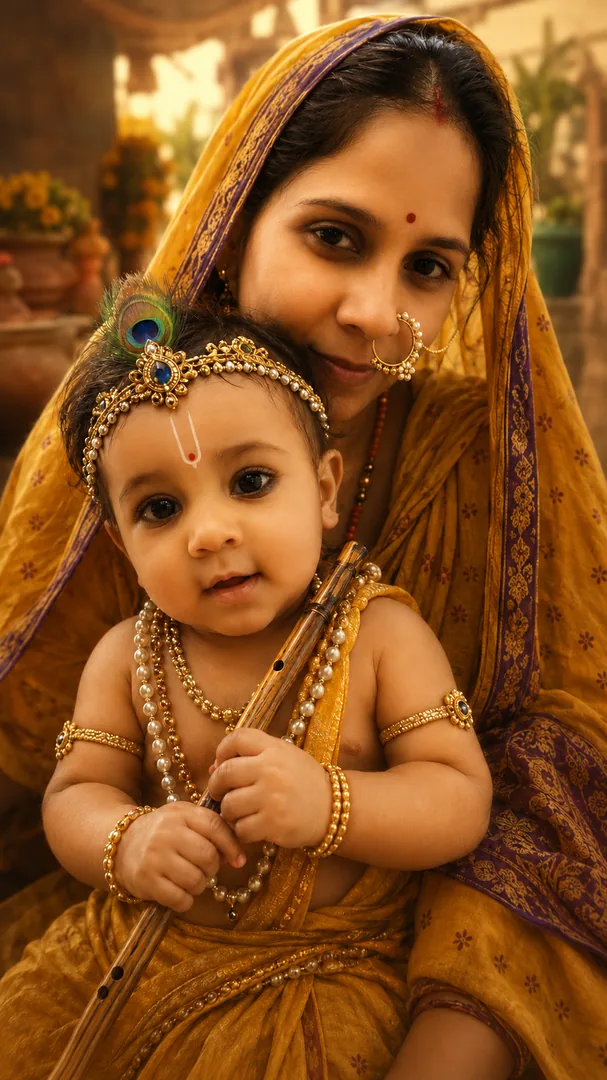 Mata Yashoda and Bal Krishna Devotional Portrait - copy paste viral AI prompt