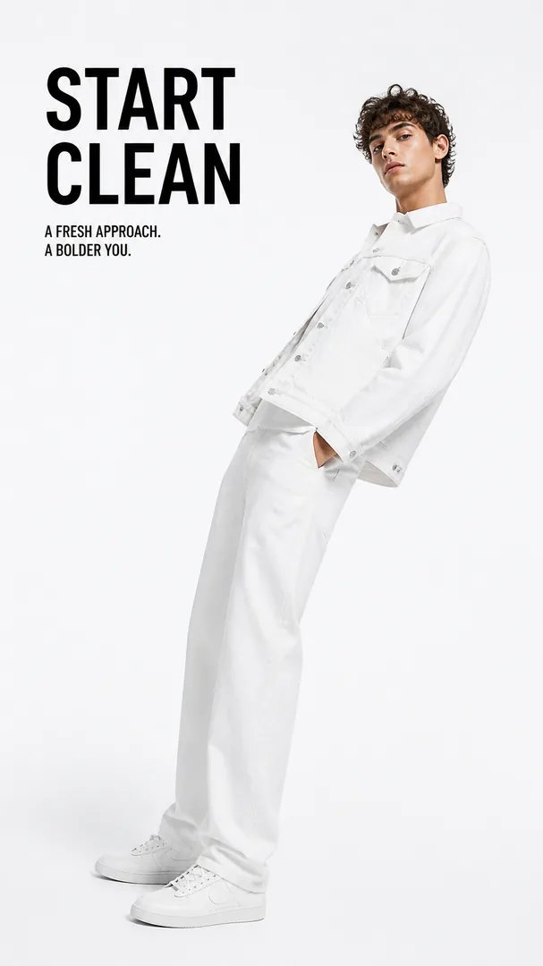 Minimalist White Denim Fashion Studio Portrait - copy paste viral AI prompt preview