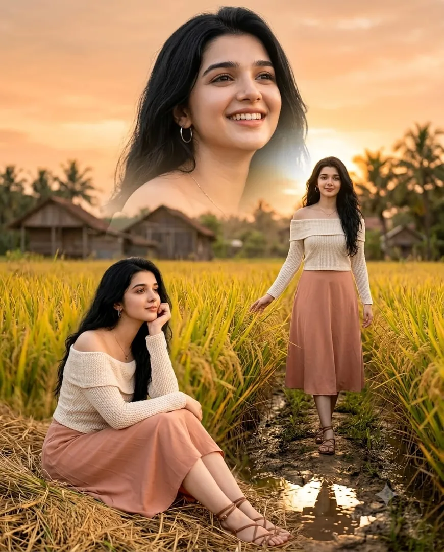A smart girl village 1 frame in 3 photo's - copy paste viral AI prompt