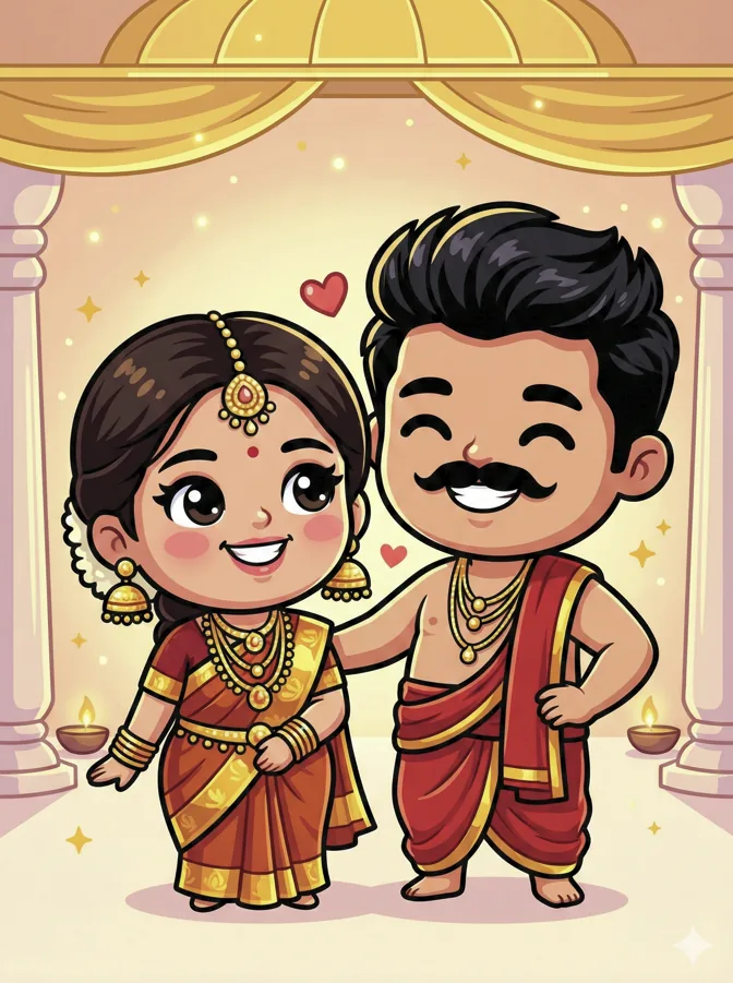 Cute Traditional Indian Couple Illustration - copy paste viral AI prompt