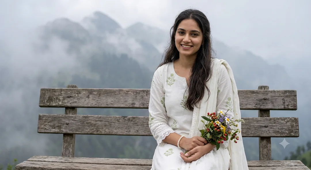 Ethereal Mountain Grace: White & Sage Floral Kurta - copy paste viral AI prompt