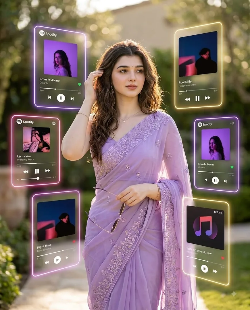 Luxury Outdoor Music Portrait – Floating Spotify & Apple Music Glassmorphism - copy paste viral AI prompt